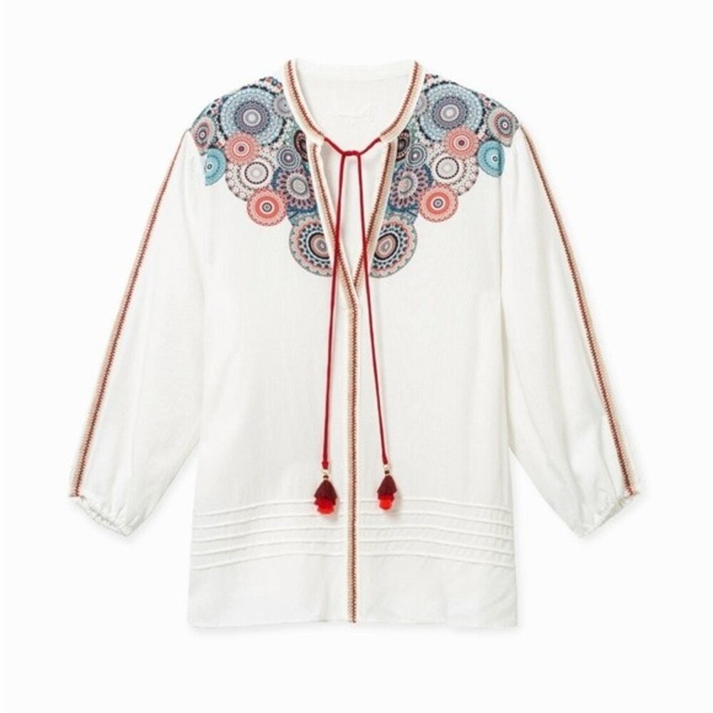 BOHO Desigual Women's Embroidered Flared viscose Mandala Top Blouse White (L)